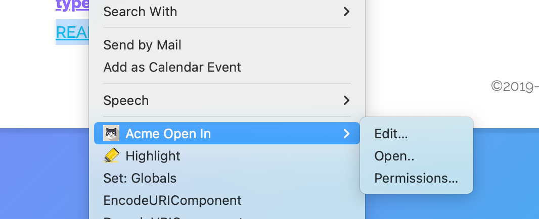 A context menu that appears when right-clicking on a page.
It has the option "Acme Open in".
This option has three options: edit, open, and permissions.