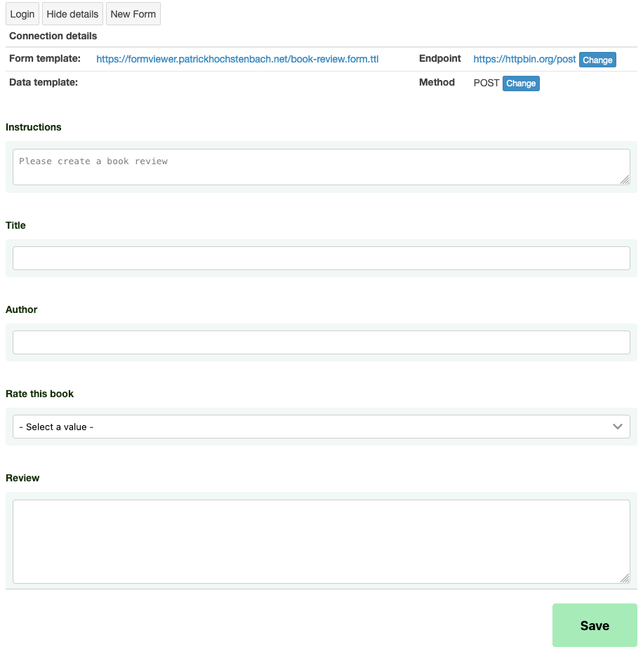 Form renderer showing the fields of a form for book review