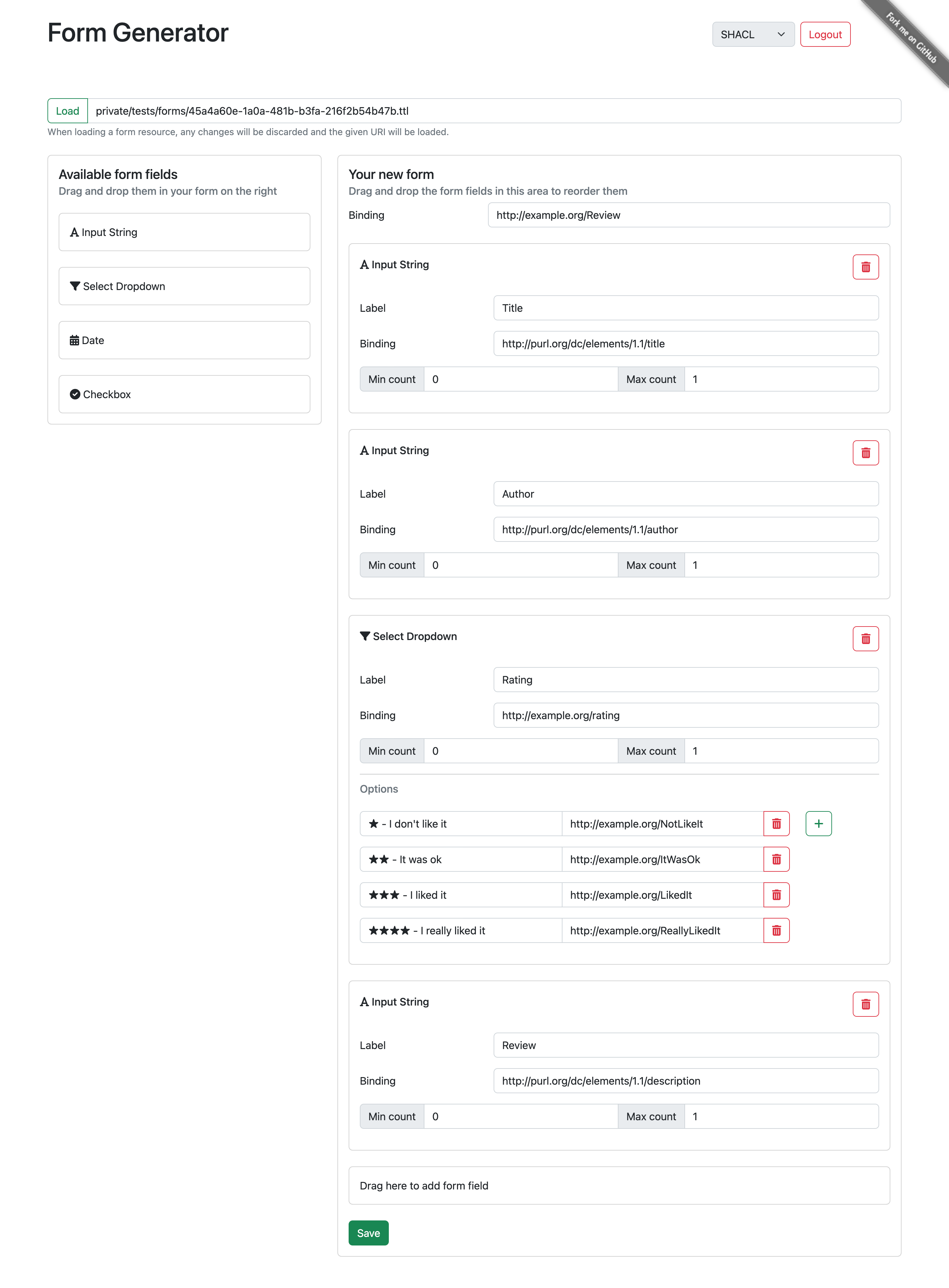 Screenshot of form-generator with 3 text fields and one dropdown field